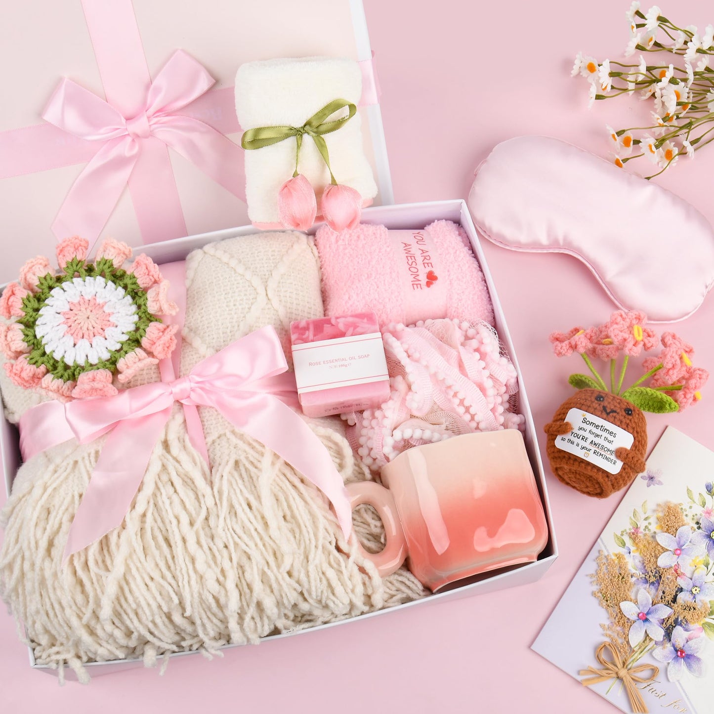 Kovtesiu Birthday Gifts for Women, Knitted Tassel Throw Blanket Pink Gift Basket with Handmade Crocheted Potted Plants and Flower Coasters, Inspirational for Mom Her Wife Friend Grandma