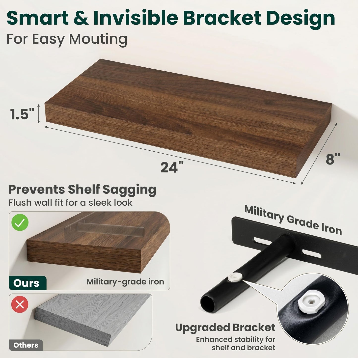 KovaScape Floating Shelves for Wall, 24 Inch x 8 Inch Deep Wall Mounted Wood Shelf with Invisible Brackets for Storage & Display, Living Room Bedroom Kitchen, Walnut, Set of 2
