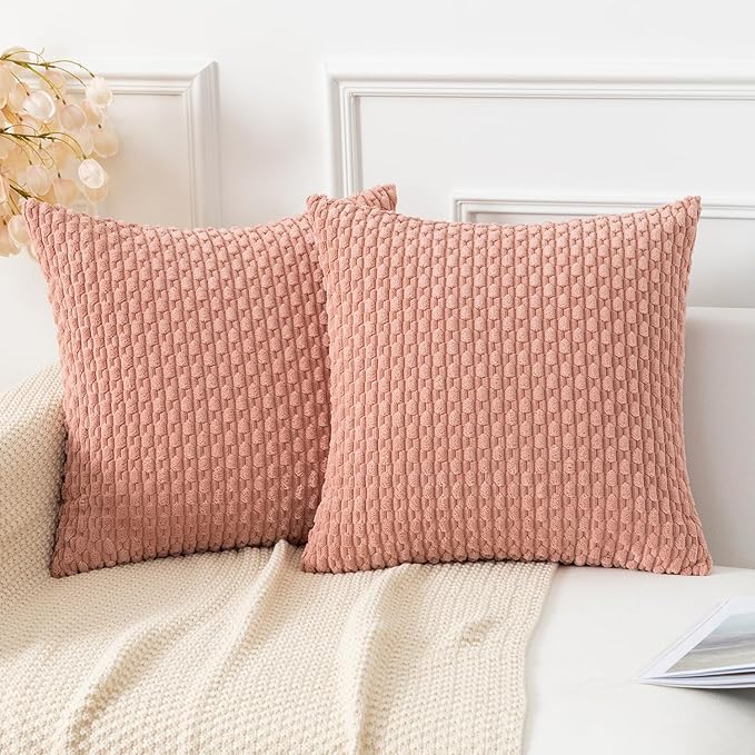 Kevin Textile Throw Pillow Covers Soft Corduroy Decorative Set of 2 Boho Striped Pillow Covers Pillowcases Valentines Day Farmhouse Home Decor for Couch Bed Sofa Living Room 26x26 Inch Baby Pink