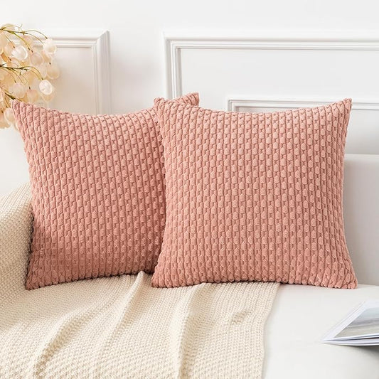 Kevin Textile Throw Pillow Covers Soft Corduroy Decorative Set of 2 Boho Striped Pillow Covers Pillowcases Valentines Day Home Decor for Couch Bed Sofa Living Room 18x18 Inch Baby Pink