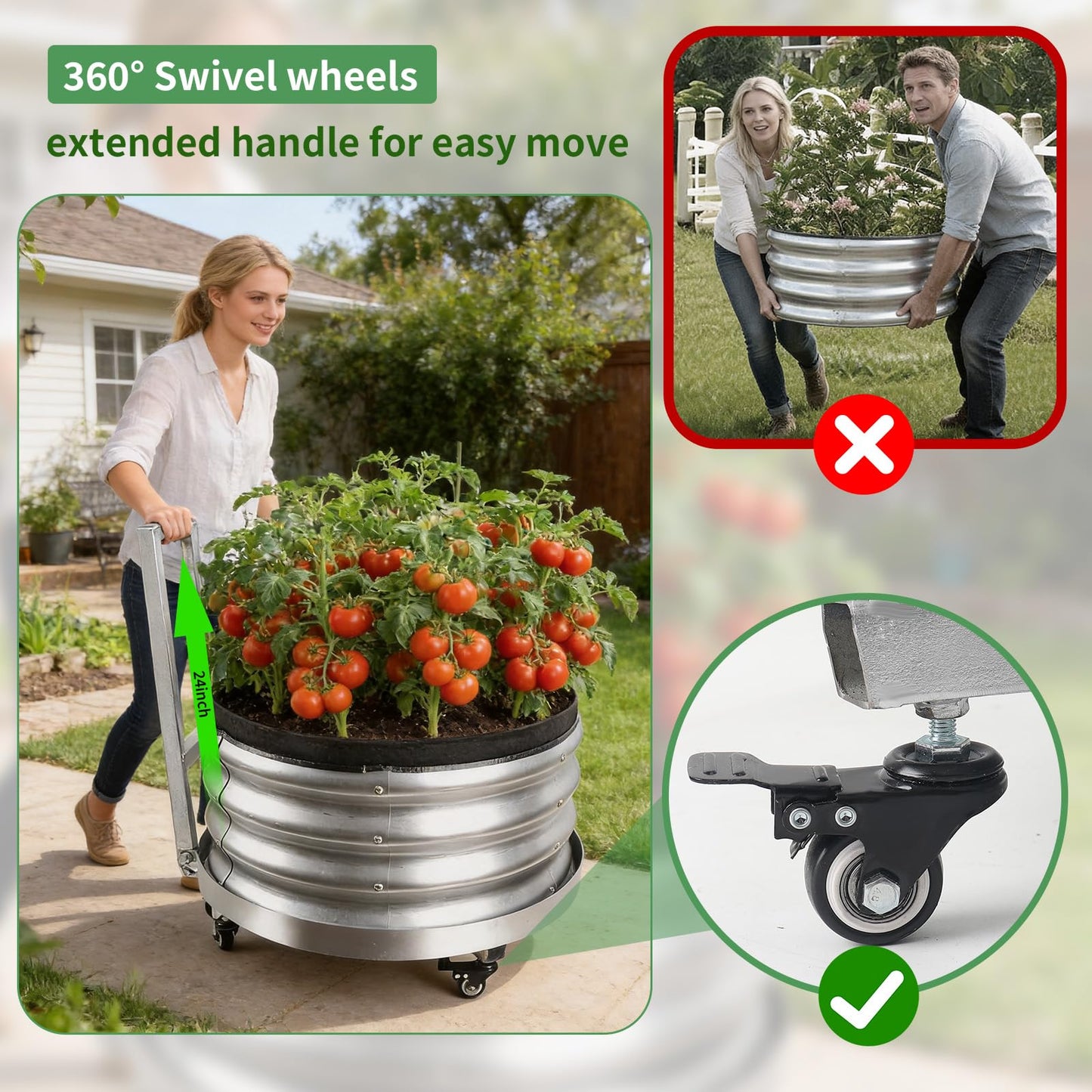Rolling Planter Metal Raised Garden Bed Outdoor with Wheels, 2×2×1.5ft Galvanized Large Tree Pots with Rubber Edge, Includes Geotextile Liner, Mesh Drainage Tray, Mobile Vegetable Flower Planter Box