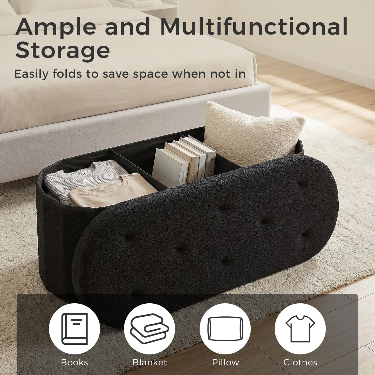 DUMOS Ottoman Bench End of Bed, 43 Inch Ottoman with Storage, Foot Rest Bench Stool with Cushion, Oval Round Folding Storage Chest for Bedroom, Living Room, Entryway, Dorm, Teddy Fabric, Black