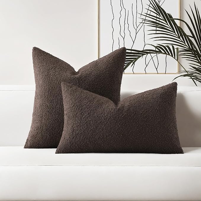 HAUSSY Set of 2 22x22 Decorative Throw Pillow Covers, Soft Cozy Textured Boucle Couch Cases, Home Decor for Couch Bed Living Room, Dark Coffee