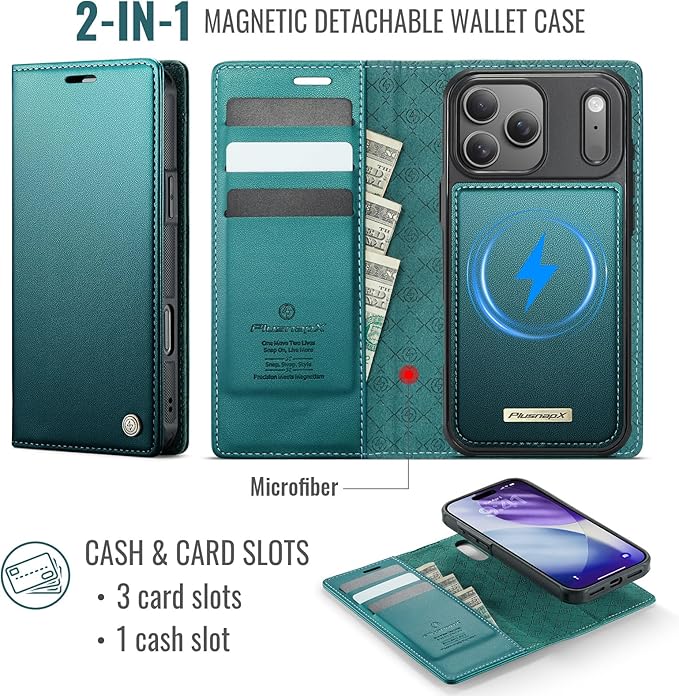 PlusnapX Wallet Case for iPhone 17 Pro Max Compatible with Magsafe, 2-in-1 PU Leather Flip RFID Blocking Card Holder Stand Shockproof Magnetic Detachable Cover for iPhone 17 Pro Max 6.9", Bluegreen