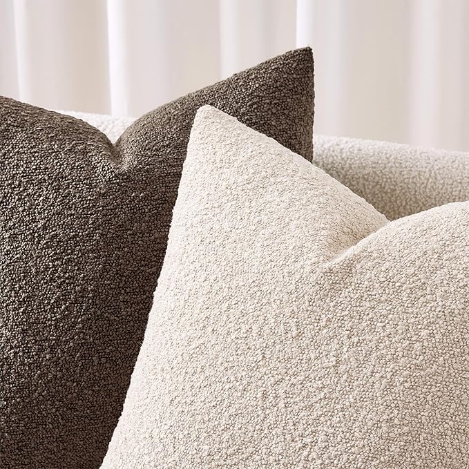 ANRODUO Pack of 2 Textured Boucle Throw Pillow Covers Soft Beige Euro Decorative Accent Solid Pillow Cases Cozy Modern Couch Cushion Case for Chair Sofa Bedroom Living Room Home Decor, 24 x 24 Inch