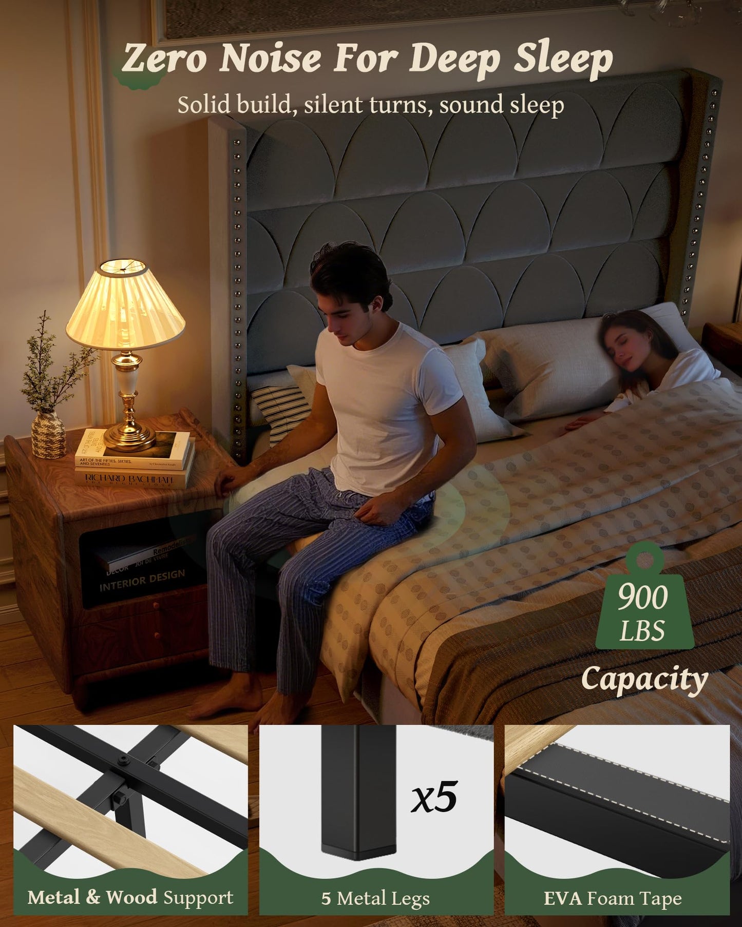 OHOHOLIVE Queen Size Bed Frame with 56" Headboard - Velvet Upholstered Wingback Platform Bed Frame, Noise Free, Sturdy Wooden Slat Support (Deep Gray, Queen)