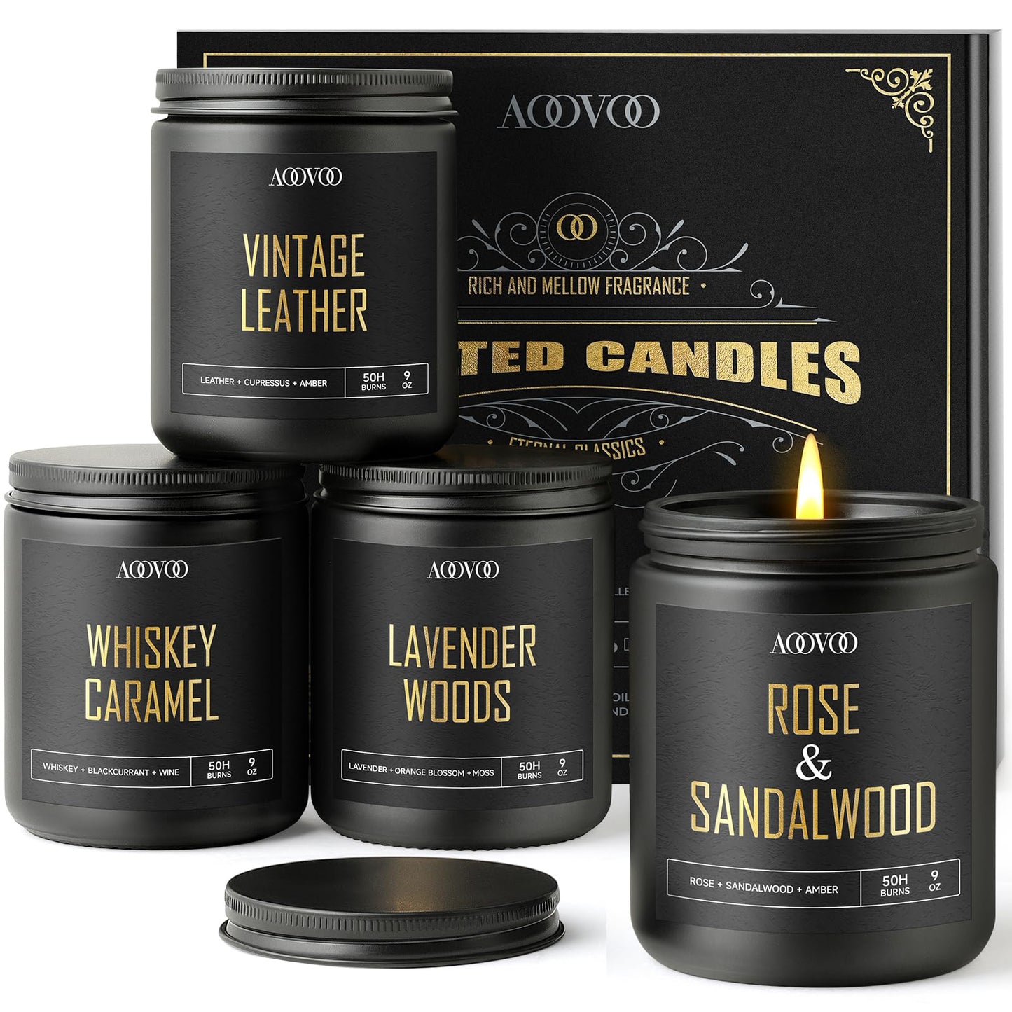 AOOVOO Scented Candles for Men - 4 Pack Candles for Home Scented, 36oz Soy Wax, 200 Hour Burn Time, Men Candle Set, Rose Sandalwood/Whiskey Caramel/Lavender/Leather Candles Set