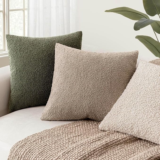 Foindtower Decorative Textured Boucle Throw Pillow Covers Accent Solid Pillow Cases Neutral Soft Cozy Couch Cushion Case for Chair Sofa Bedroom Living Room Home Decor 24x24 Inch,1PC,Light Khaki Tan