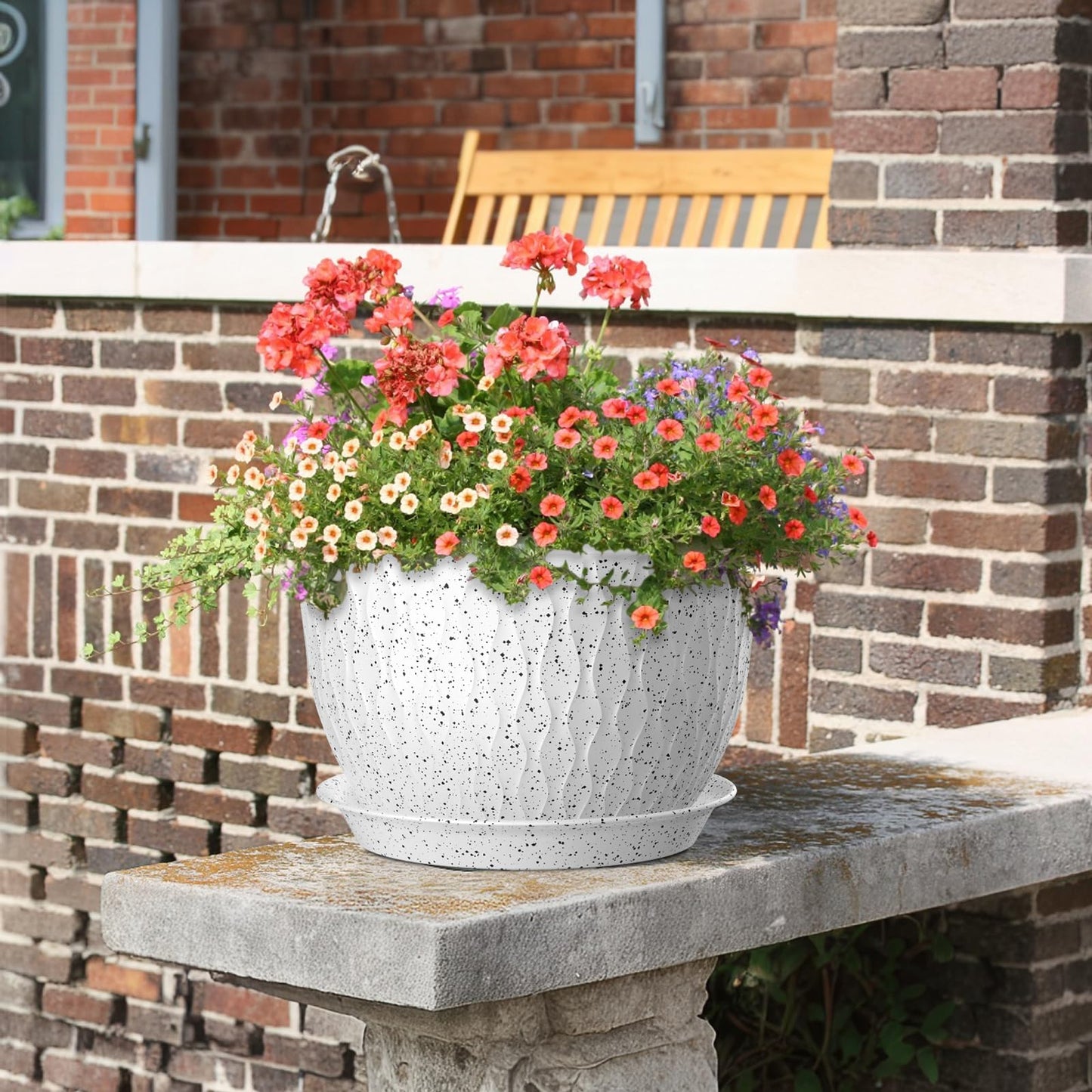 Meowell 12/10/9 inch Large Flower Pots, 3 Set Big Plant Pots for Outdoor Indoor Plants with Water Ripples, Wide Plastic Planters with Drainage Holes and Saucers for Garden House Plants, Speckled White