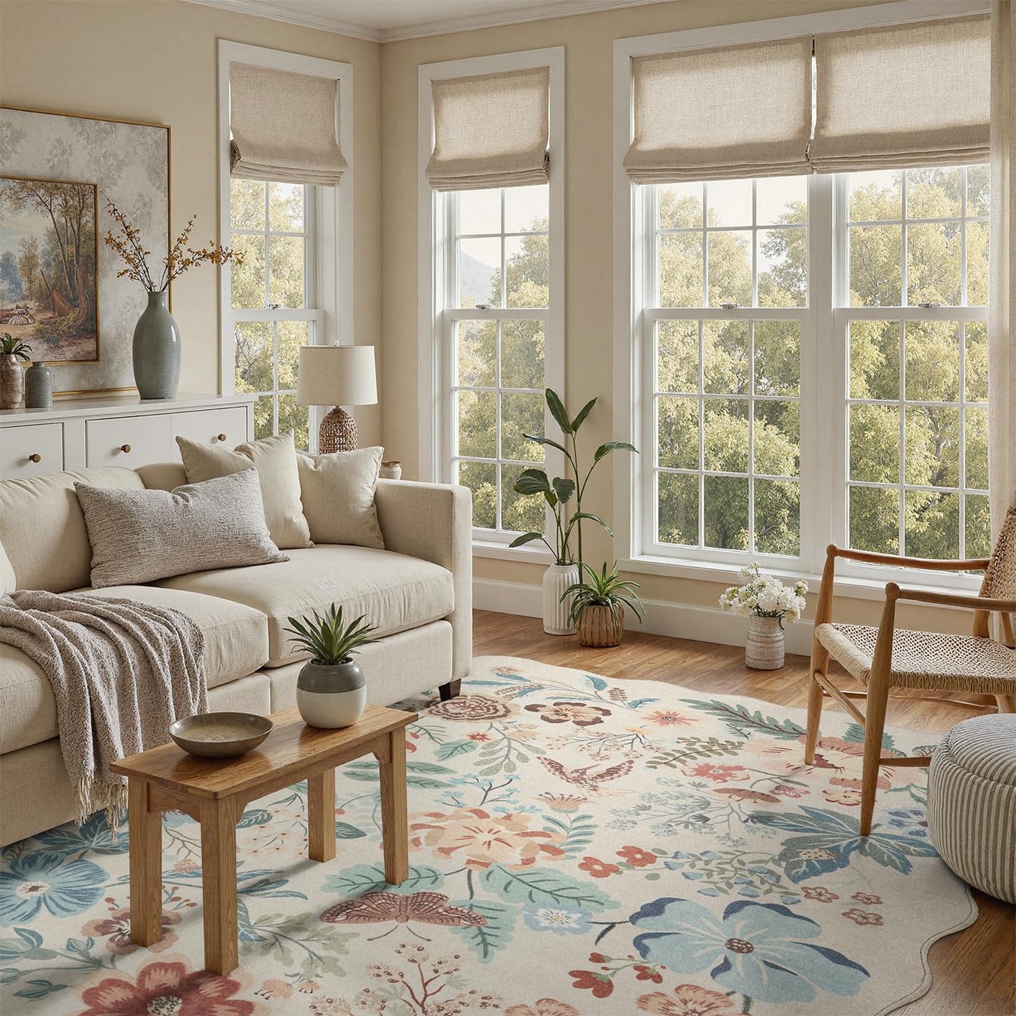 DCX Beige Floral Rug 5x7, Washable Beige Rug for Living Room, Kid & Pet Friendly with Rubber Back Non Slip, Soft Low Pile Carpet, Stain Resistant Rug for Bedroom, Nursery, Dining Room