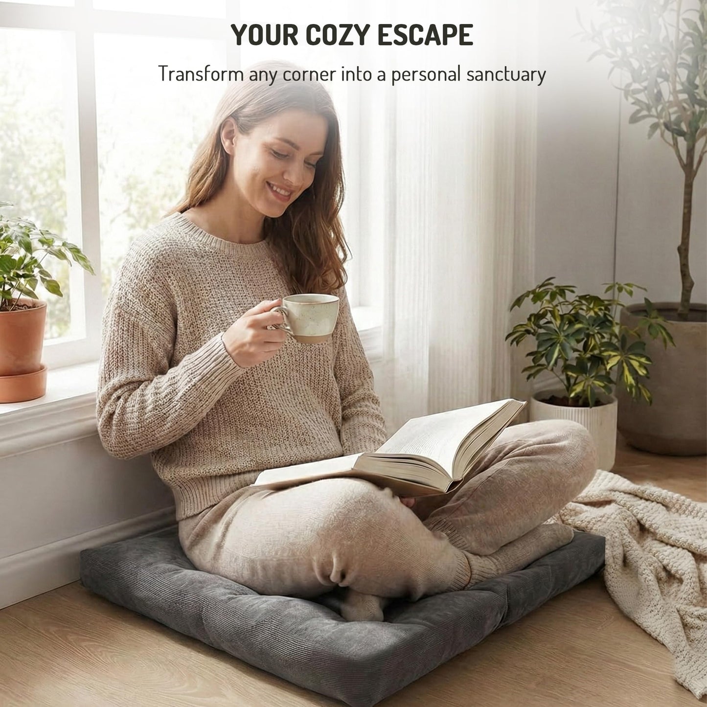 Degrees of Comfort Meditation Floor Pillow, Square Large Pillows Seating for Adults and Teens, Gray Tufted Corduroy Cushions for Yoga, Study Room, Home Office and Living Room, Grey, 22x22 Inch