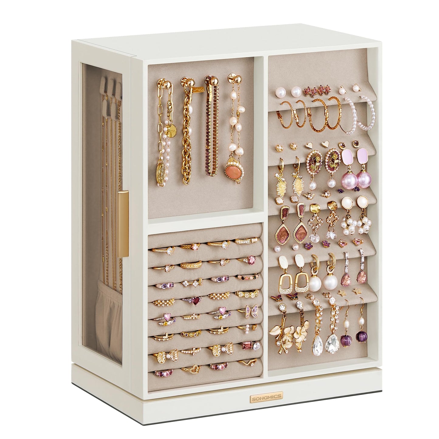 SONGMICS GISELLA Collection - Jewelry Box 360° Rotating, Jewelry Storage Case with 7 Drawers, Jewelry Organizer, Glass Window, Open Design, Great Gift, Light Warm White and Light Camel UJBC201W01