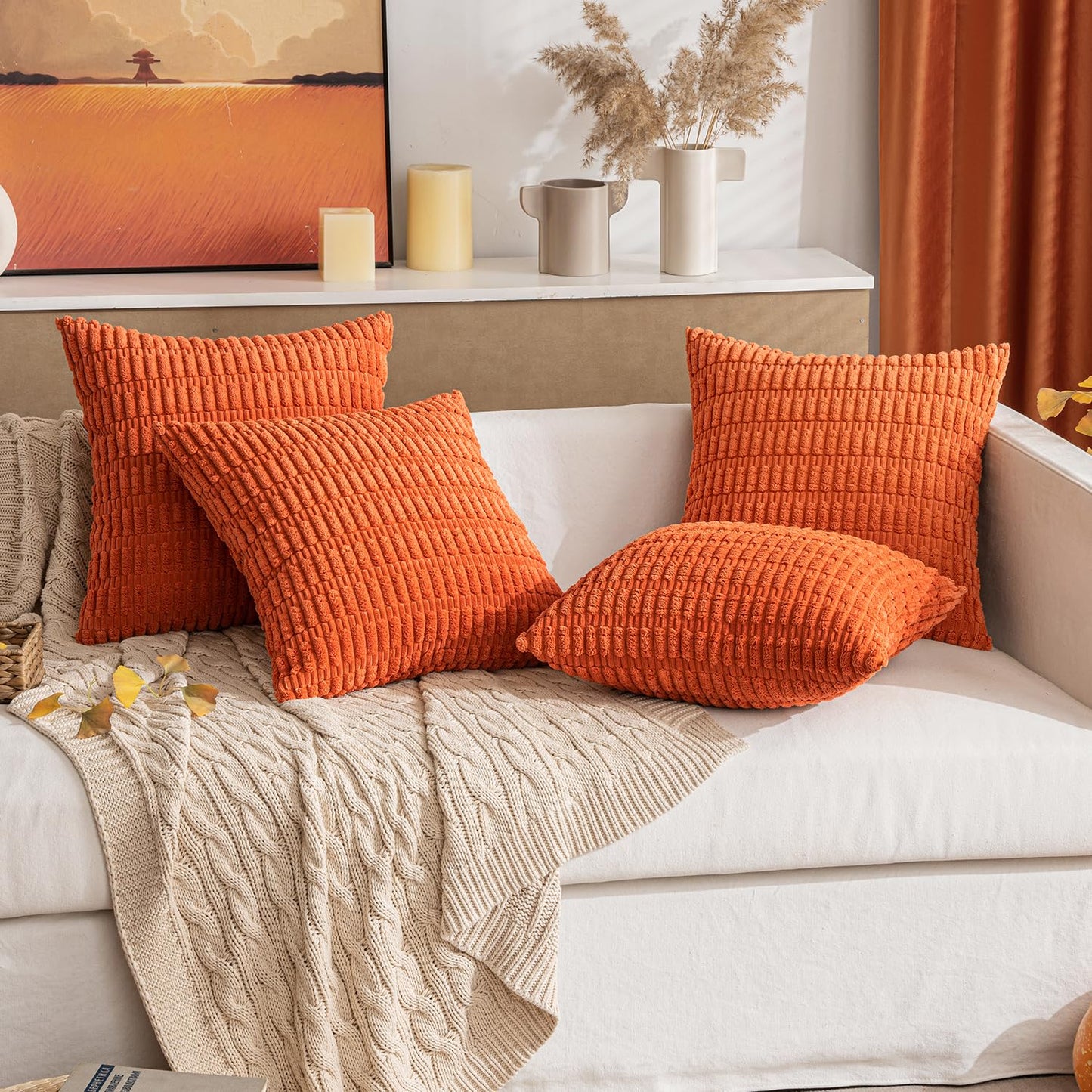MIULEE Pack of 2 Orange Corduroy Decorative Pillow Covers 20x20 Inch Soft Boho Striped Throw Pillow Covers Modern Farmhouse Home Decor for Halloween Thanksgiving Summer Sofa Living Room Couch Bed