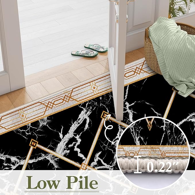 Abstract Marble Texture Throw Carpet Runner for Entrance, 2x7ft, Luxury Gold Geometric Line Bedroom Rug, Dirty Resistant Absorbent Bathroom Decor Washable Area Carpet for Office