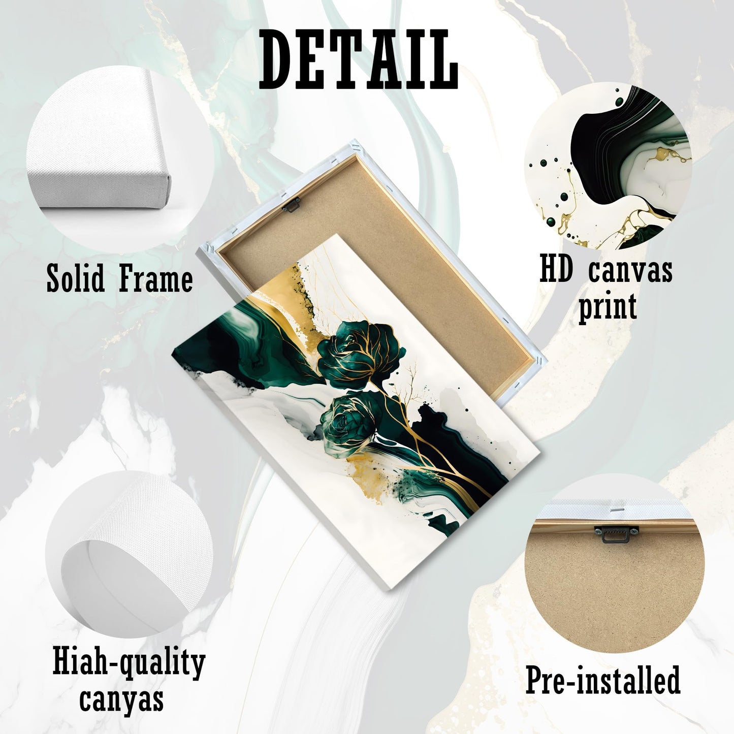 EJPFOGV Large Framed Abstract Wall Art Set of 3, Green and Gold Marble Texture with Floral Motif, Easy to Hang & Fade Resistant Art Prints, Wall Decor for Bedroom, Living Room, Home Office, 20x30 Inch
