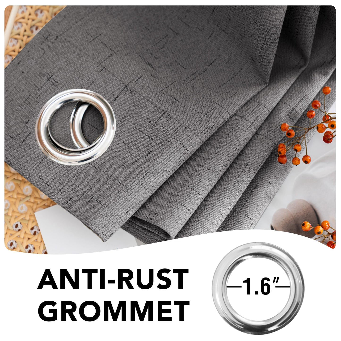 H.VERSAILTEX Linen Blackout Curtains 96 Inches Long 100% Absolutely Blackout Thermal Insulated Textured Linen Look Curtain Draperies Anti-Rust Grommet, Energy Saving with White Liner, 2 Panels, Grey