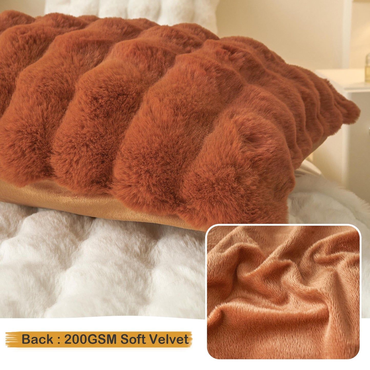 LIFEREVO 2 Pieces Fluffy Faux Rabbit Fur Pillow Cases, Luxury Soft Plush Shaggy Bubble Pillowcases Standard Size with Zipper, Furry Fuzzy Long Pillow Shams Adult Girls Kids Teens 20x26, Burnt Orange