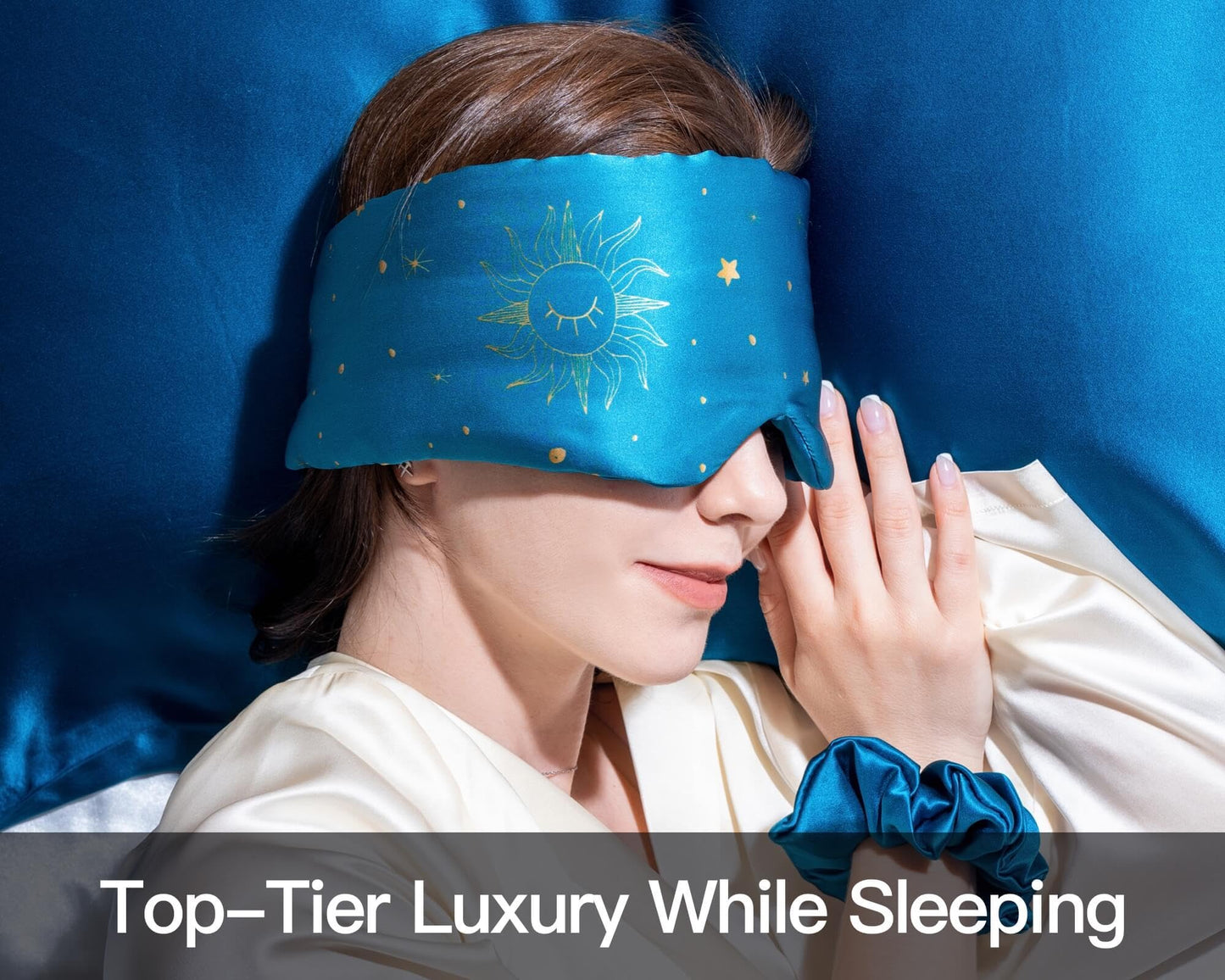 Fleur&Yang Silk Sleep Mask, Adjustable Blackout Sleeping Mask for Men Women, Soft Breathable 100% Mulberry Silk Fabric, Cooling Eye Cover Blindfold for DeepSleep or Meditation(Luna)