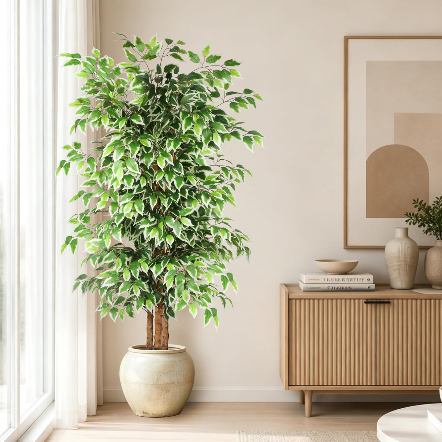 GTIDEA 6ft Ficus Artificial Tree, Tall Faux Trees Indoor with Natural Trunk and Fake Silk Tree Fake Plants for Home Decor Living Room Outdoor Balcony House Office (NO VASE Included)
