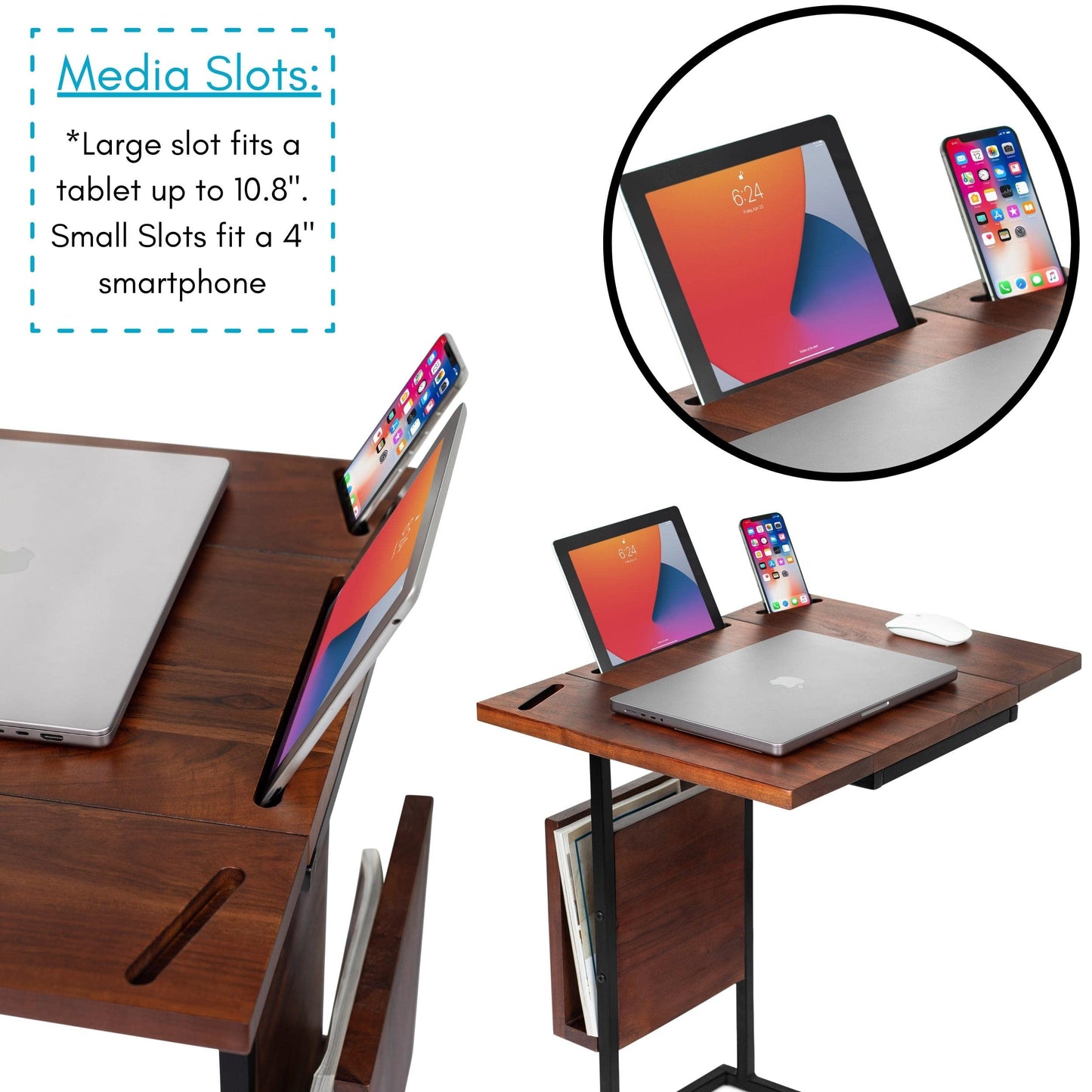 BIRDROCK HOME Acacia Wood Expandable C Shaped Side Table with Phone & Tablet Stand - Laptop TV Tray - Couch Desk - Bed Sofa Snack End Table - Living Room Chair