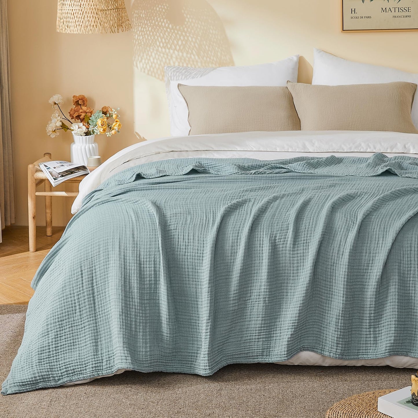 EMME Cotton Muslin Large Throw Blanket 4-Layer Couch Breathable Gauze Soft Lightweight Bed Blankets Adults Two-Tone Weave Design, Pre-Washed Softer Touch (Heather Teal, 50"x70")