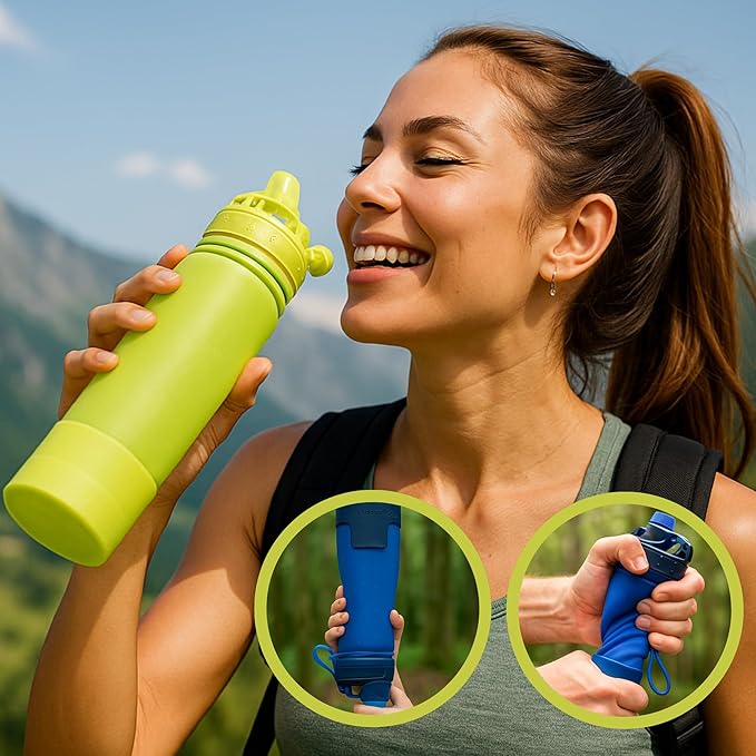 Collapsible Water Bottles Travel Water Bottle Silicone Water Bottle Foldable Lightweight Portable Leakproof & Reusable perfect for Gym Hiking Camping 500ml 17oz - BPA free - (blue)