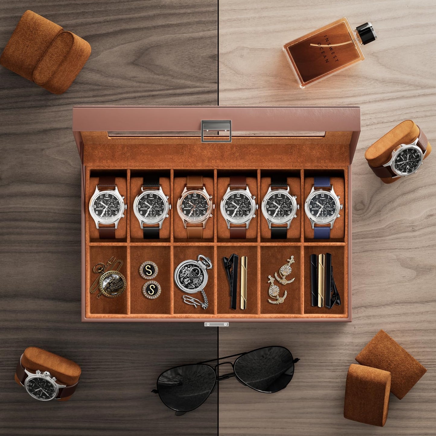 ProCase Watch Box Organizer, Fathers Day Gift for Dad, 12 Slot Watch Display Case With Glass Lid, Watch Storage Holder Mens Watch Case, Anniversary Birthday Gifts -12 Slot, Brown