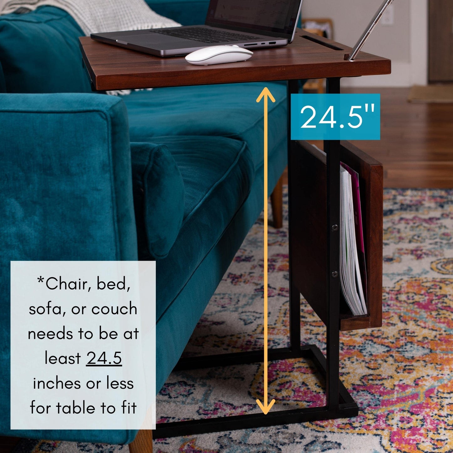 BIRDROCK HOME Acacia Wood Expandable C Shaped Side Table with Phone & Tablet Stand - Laptop TV Tray - Couch Desk - Bed Sofa Snack End Table - Living Room Chair