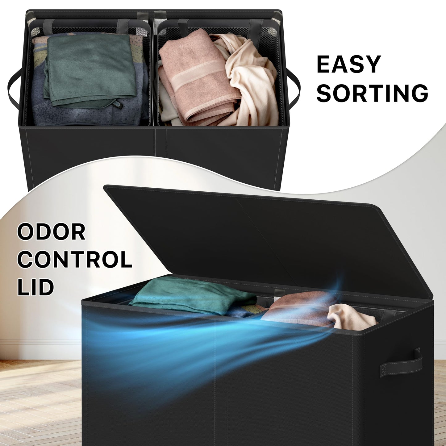 Simple Houseware Double Laundry Hamper with Lid and Removable Bags, Black