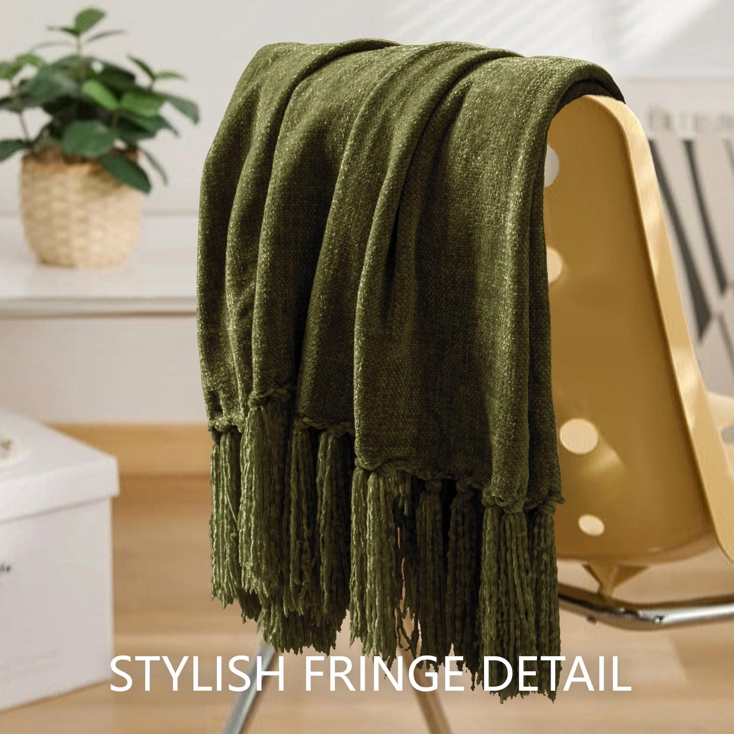 LONG CREATE Chenille Throw Blanket for Couch 50"X 60", Soft Cozy Throws with Fringe Tassel for Bed Sofa Chair Cover, Lightweight Knitted Decorative Boho Blankets for Living Room, Olive Green