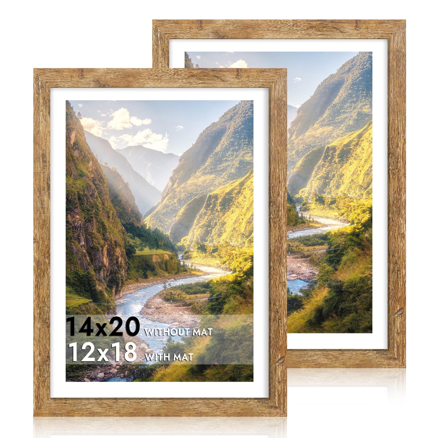 iRahmen 14x20 Picture Frame Set of 2, Brown Rustic Wood Poster Frame with Plexiglass, Display 12x18 Pictures with Mat or 14 x 20 Without Mat for Horizontal or Vertical Wall Mounting