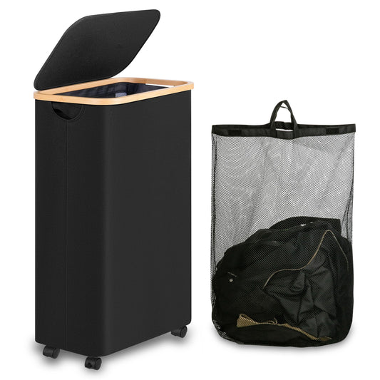 Laundry Hamper with Wheels,75L Laundry Basket with lid Rolling Clothes Basket Foldable Dirty Clothes Hamper on wheels with Bamboo Frame and Bag for Bedroom, Dorm, Laundry Room,Black(20 Gal)