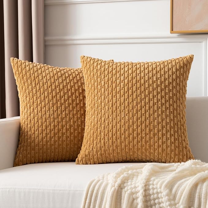 Kevin Textile Throw Pillow Covers Soft Corduroy Decorative Set of 2 Boho Striped Pillow Covers Pillowcases Farmhouse Home Decor for Couch Bed Sofa Living Room 20x20 Inch Gold