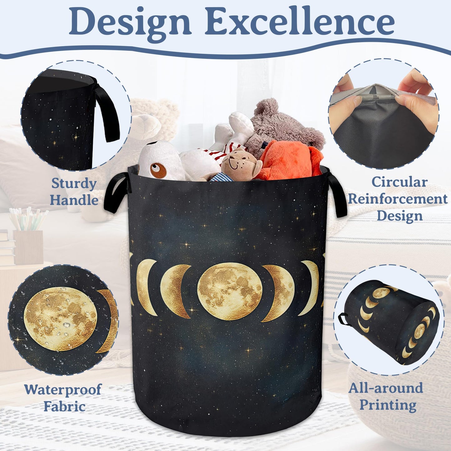 Lunar Phases Laundry Basket,Foldable Oxford Cloth Moon Laundry Hamper with Handles, 20.8"x16" Tote Bag Clothes Storage Bucket for Laundry Room/Bathroom/Bedroom/Dormitories