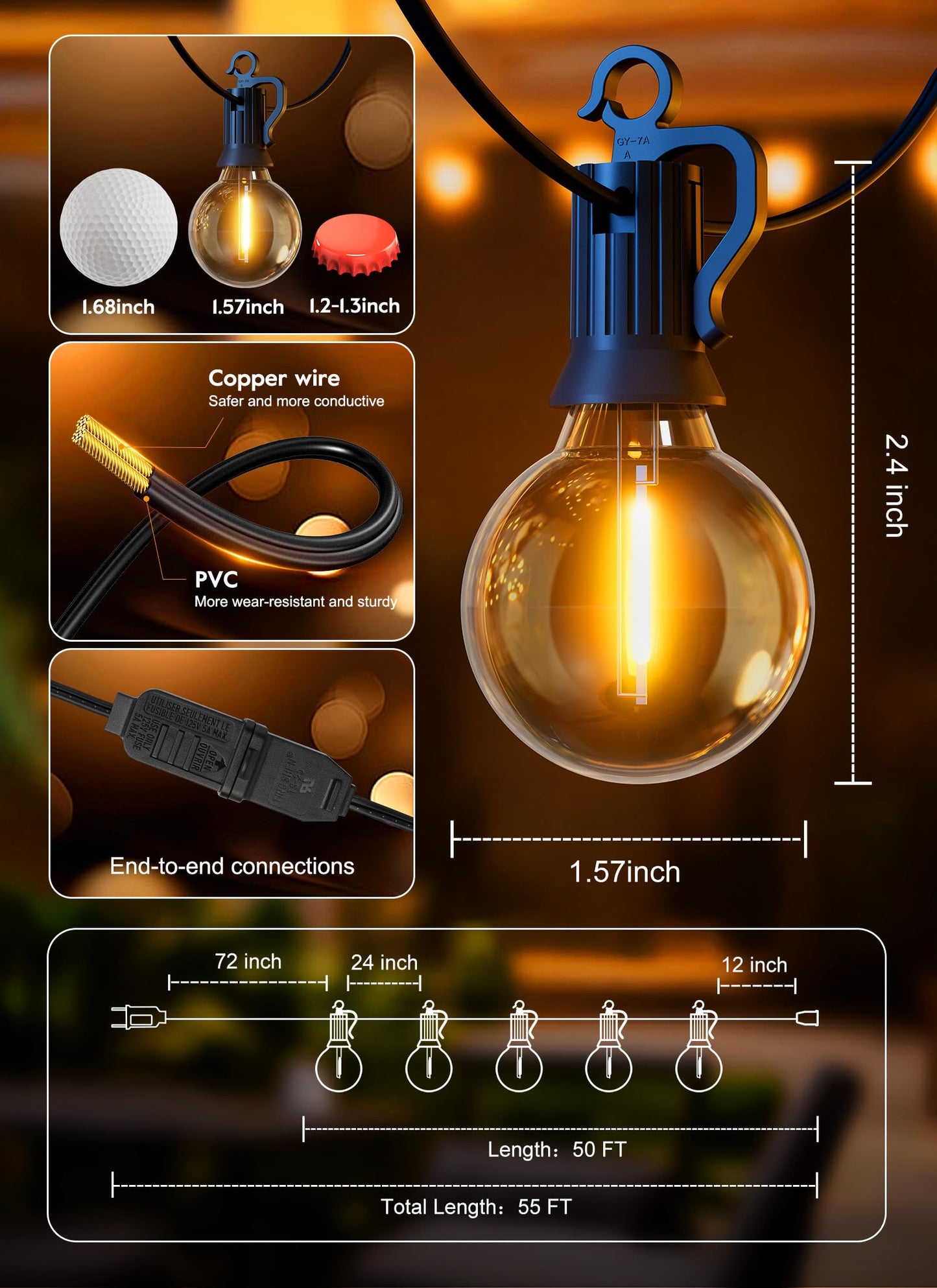 Brightown Outdoor String Lights, 50FT 25 G40 Bulbs Shatterproof Patio Lights, IP65 Waterproof Dimmable Hanging Connectable Globe LED Outdoor Lights for Christmas, Backyard, Bistro, Porch