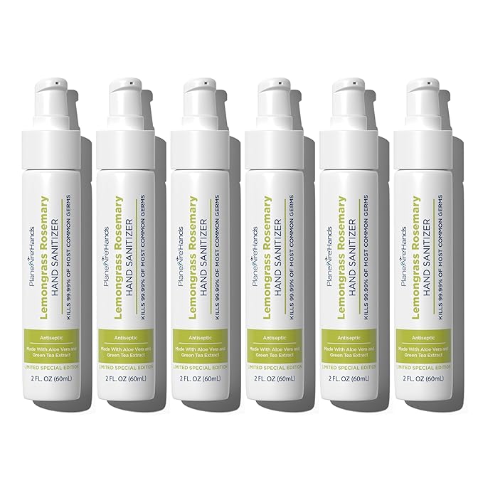 Lemongrass Rosemary Lotion Hand Sanitizer | Travel Size | Cleanse & Moisturize | Made with Aloe Vera & Essential Oils | Rich in Vitamin E | Lemongrass Essential Oil | Green Tea Extract | 6-Pack