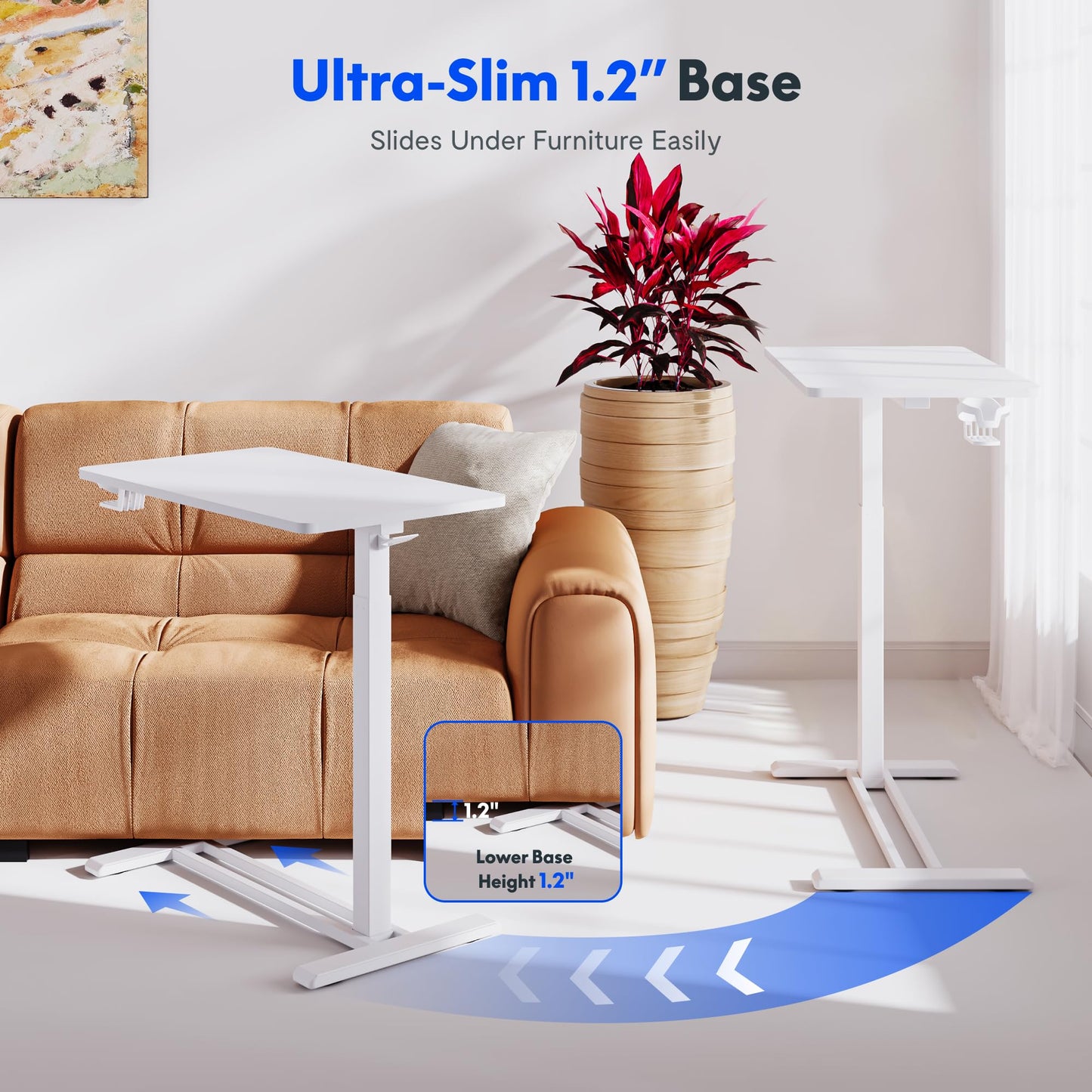 FLEXISPOT H7 Adjustable Overbed Bedside Table with Wheels Pneumatic Mobile Standing Desk Laptop Desk Rolling Computer Cart Movable Overbed Table Hospital Home Use(27.6" W x 15.7" D, White)