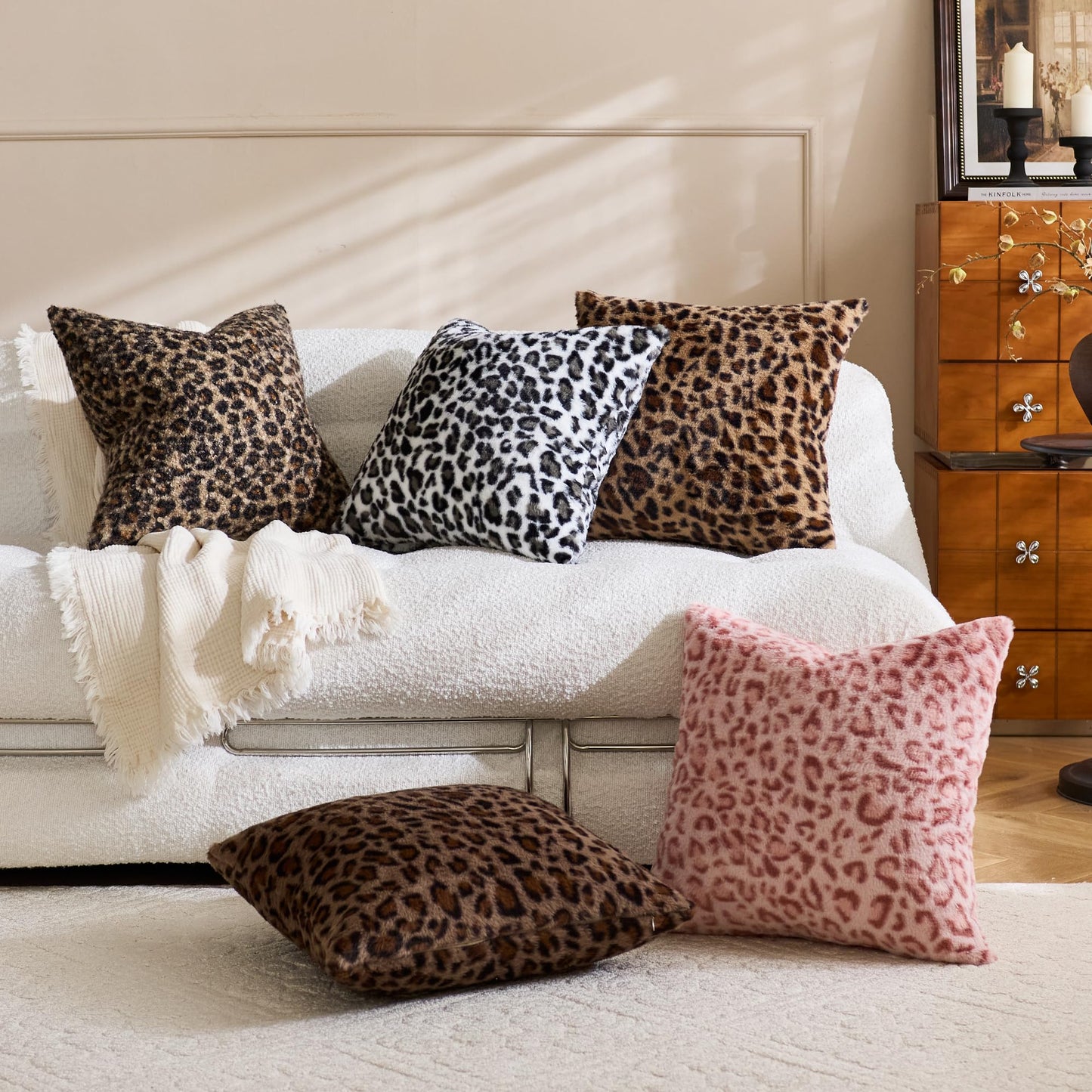 KINDREX Leopard Print Boucle Pillow Covers 18x18 Set of 2, Cloud-Like Soft & Fluffy Cheetah Cushion Cases, Eye-Catching Decor for Living Room Sofa Bedroom Decor