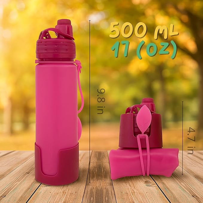 Collapsible Water Bottles Travel Water Bottle Silicone Water Bottle Foldable Lightweight Portable Leakproof & Reusable perfect for Gym Hiking Camping 500ml 17oz - BPA free - (blue)