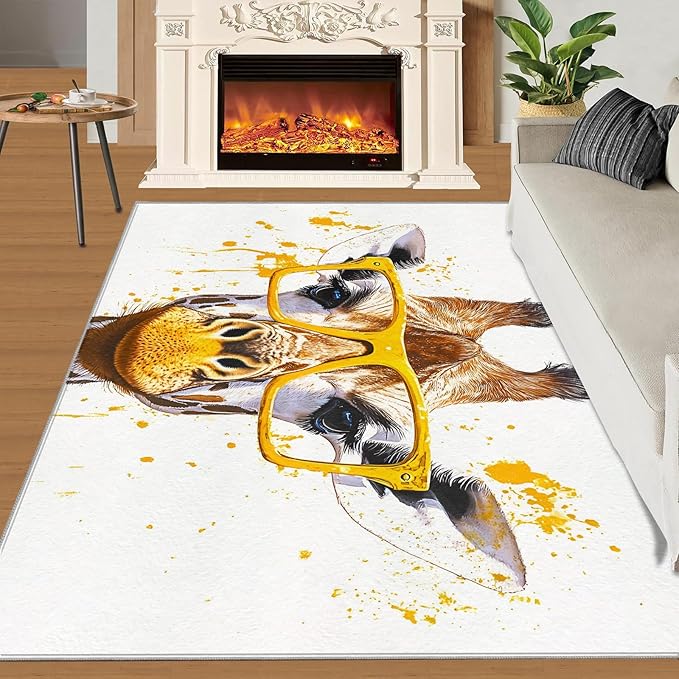 Giraffe 3x5 Area Rugs for Living Room, Funny Animals Washable Non Slip Rugs, Pop Art Low Pile Print Rug for Bedroom, Dining Room, Home Office