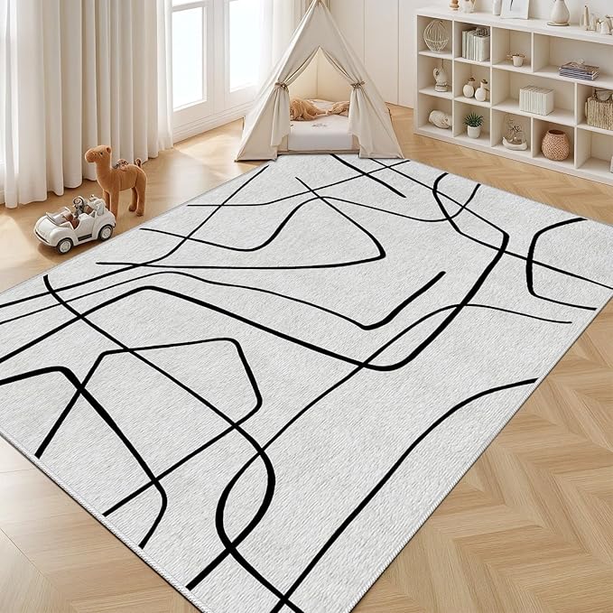Black and White Rug - Abstract Area Rug, Black and White Rugs for Living Room, Modern Minimalist Washable Rugs, Contemporary Carpet Non Slip Home Decor, Curve 6x8