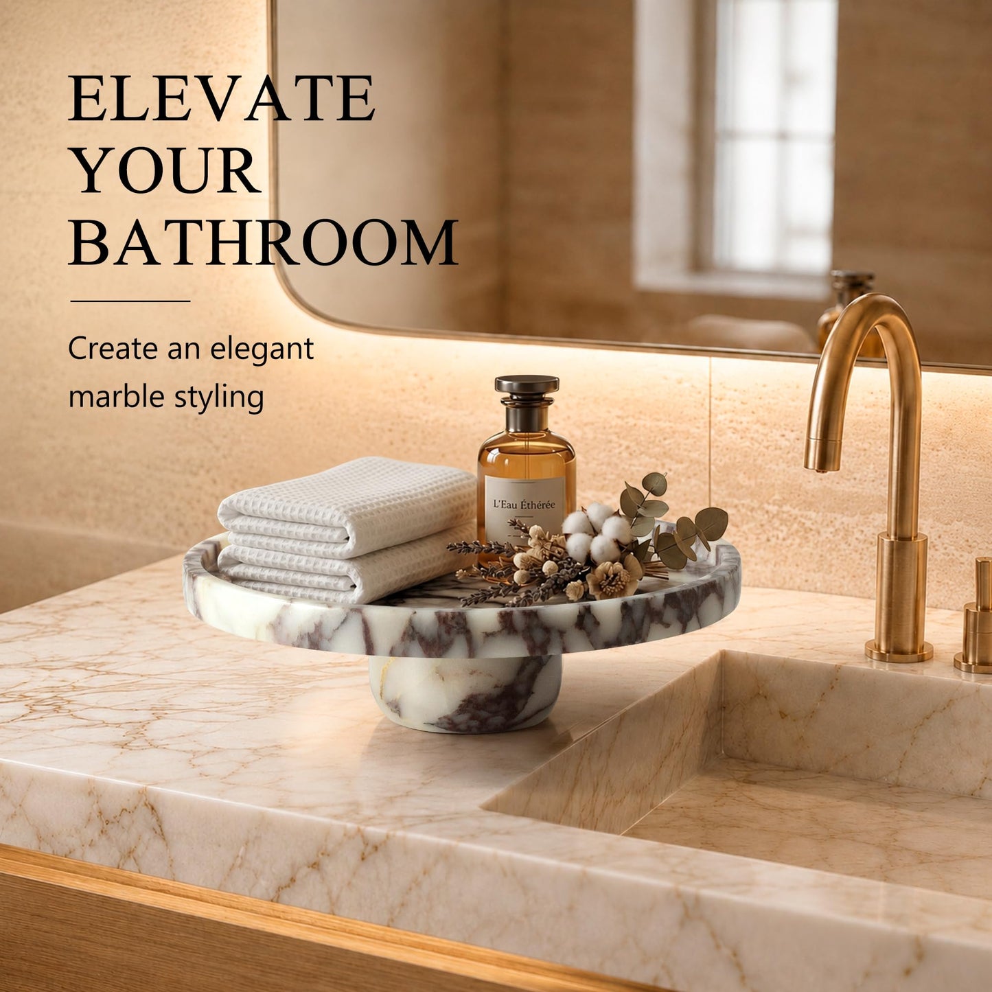 YMXYJM,Marble Pedestal Tray Round Decorative Vanity Tray,Calacatta Viola