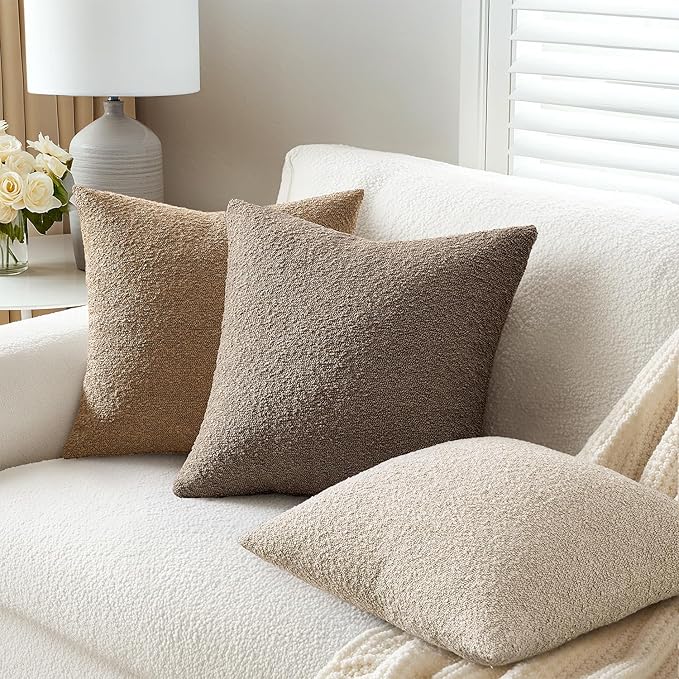 ANRODUO Pack of 2 Textured Boucle Throw Pillow Covers Soft Brown Euro Decorative Accent Solid Pillow Cases Cozy Modern Couch Cushion Case for Chair Sofa Bedroom Living Room Home Decor, 26 x 26 Inch