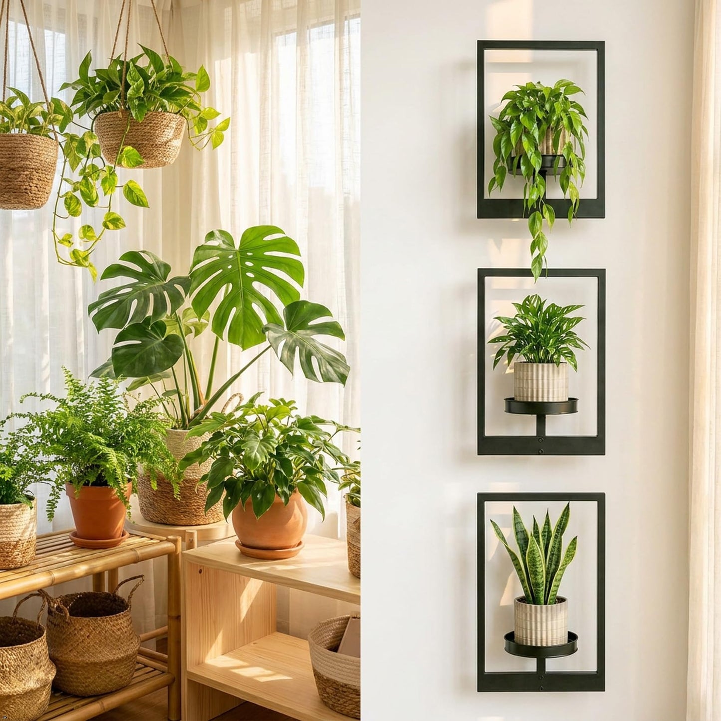 bbteroiu Picture Frame Wall Planters Set of 3, Modern Metal Hanging Shelves for Plants, Rustproof Wall Mount Flower Pot Holder for Indoor Outdoor, Decorative Plant Stand for Living Room Patio, Black