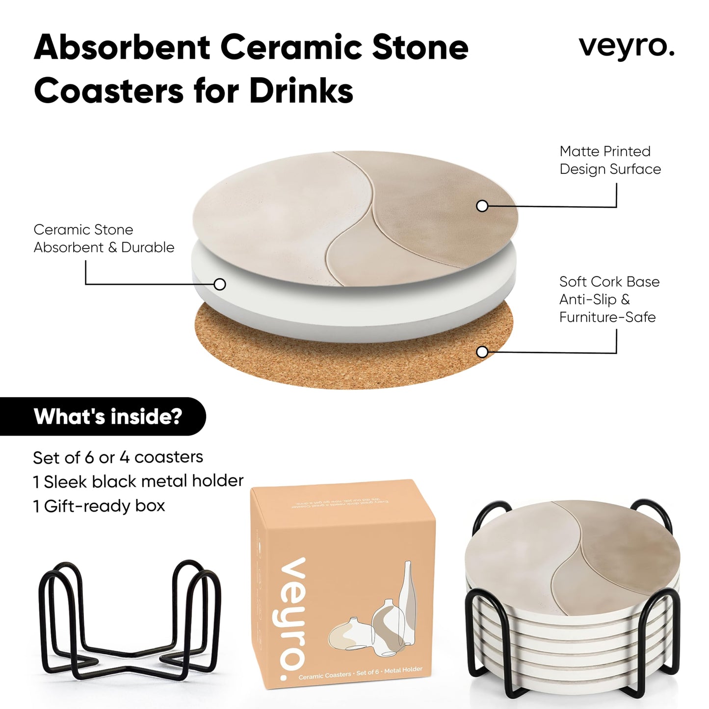 VEYRO Ceramic Coasters Set of 6 – Absorbent Stone Drink Coasters with Holder, Non-Slip Cork Backing, Modern Marble Look Coasters for Coffee Table, Desk & Home Decor