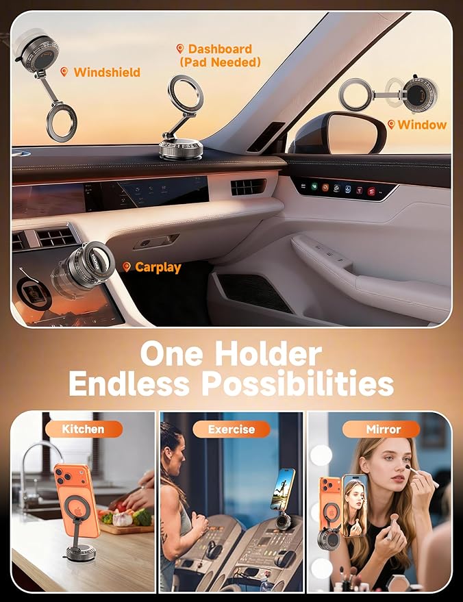 Vacuum Magnetic Phone Holders for Your Car [105+LBS Suction & 3800gf Magnetic] 360° Adjustable Magsafe Car Phone Holder Mount for iPhone 17 16 15 14 13 12 Series & Android, Pure Zinc Alloy