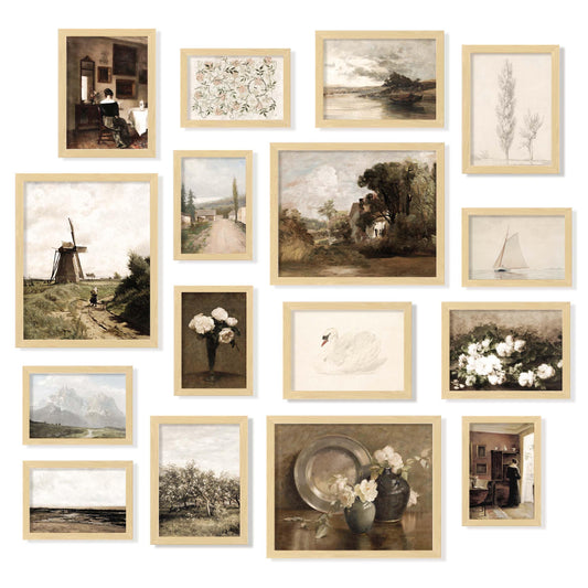 97 Decor Vintage 16PCS FRAMED Wall Art - Framed Vintage Wall Art Prints, Vintage Posters For Room Aesthetic, Lanscape Prints For Wall Decor, Moody Gallery Wall Pictures Botanical Paintings For Home Bedroom (BEIGE FRAME)