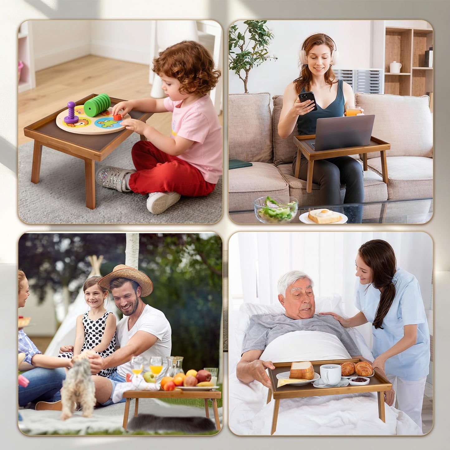 Bmboryxa Bamboo Bed Table Tray with Support Bar and Foldable Legs, Breakfast Food Trays Table for Bed Sofa Eating and Laptops, TV Lap Tray Table on Couch (Applied for Invention Patent)
