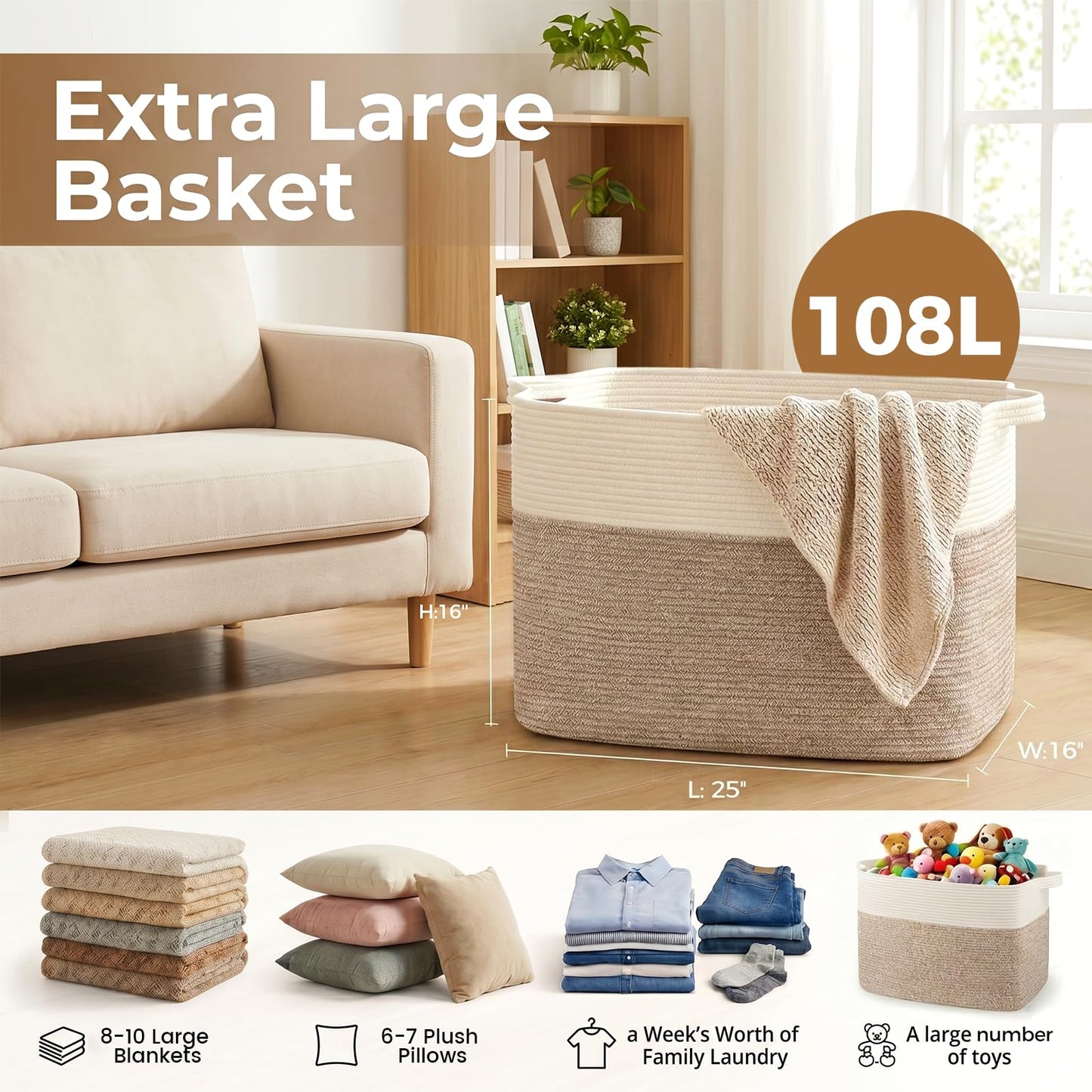 OIASKET 108L Cotton Rope Storage Basket for Living Room and Bedroom 25"x16"x16" Woven Laundry Basket, Heavy Duty Bin for Blankets, Pillows & Toys, Pet-Safe & Scratch-Free, Brown and White