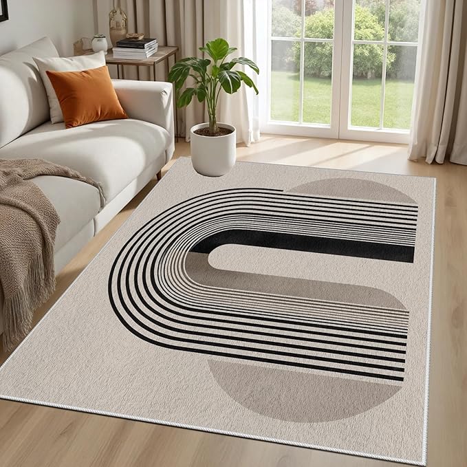 Modern Washable Rug for Living Room 8x10, Boho Abstract Striped Area Rugs, Soft Non Slip Low Pile Farmhouse Carpet for Bedroom Dining Room Kitchen, Stain Resistant, Pet Friendly, Beige Black
